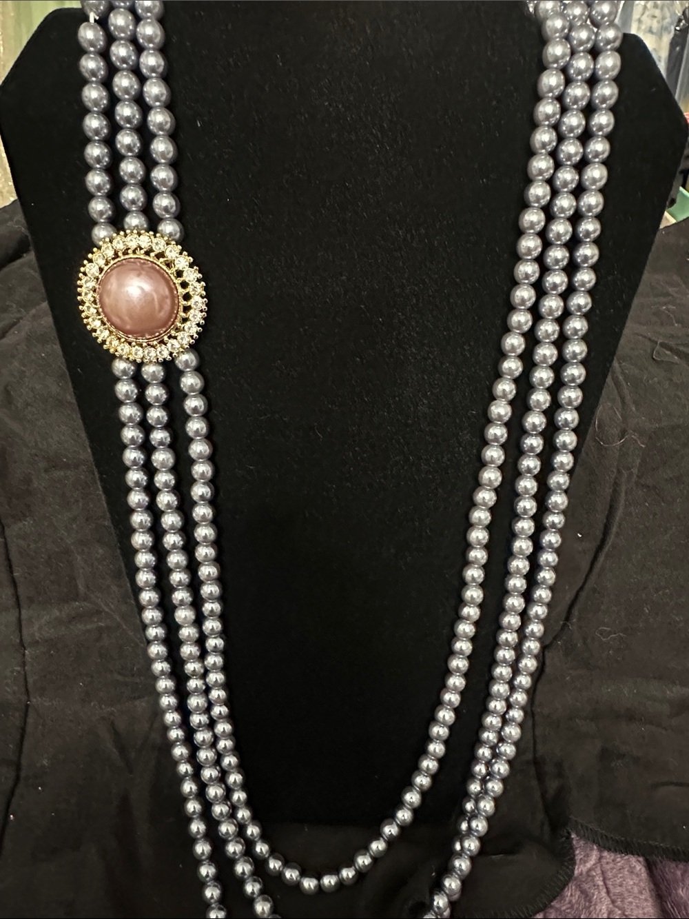 Multi-Strand Silver Pearl Necklace with Gold Accent and Mauve Cabochon